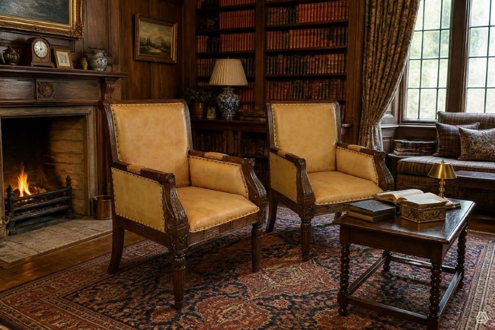A pair of Regency style dark mahogany library armchairs upholstered in tan leather with brass stud trimming and reeded carved legs. View X