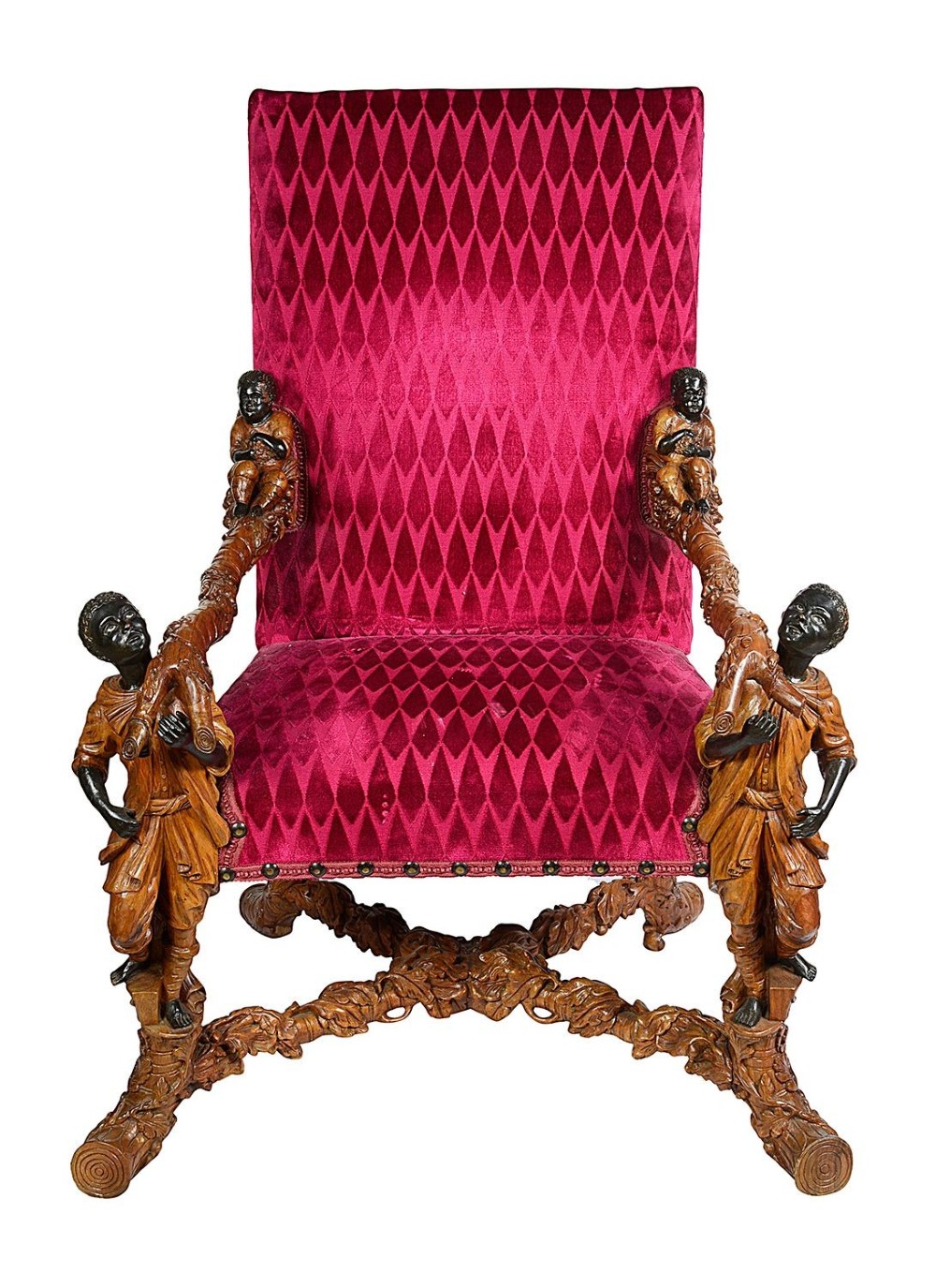 An ornate Venetian style armchair with high back red diamond velvet upholstery and detailed carved wooden human figures forming the armrests and legs. View II