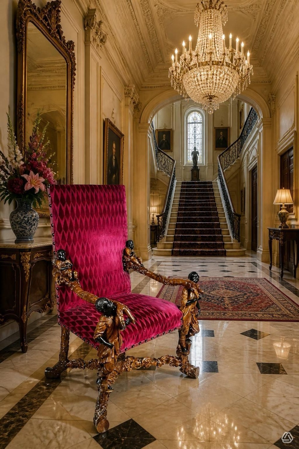 An ornate Venetian style armchair with high back red diamond velvet upholstery and detailed carved wooden human figures forming the armrests and legs. View III