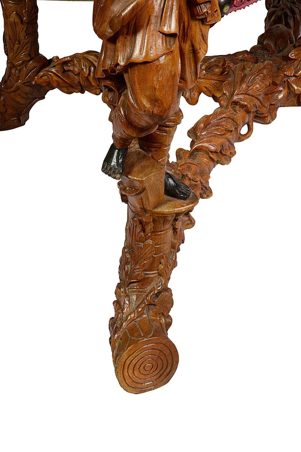 An ornate Venetian style armchair with high back red diamond velvet upholstery and detailed carved wooden human figures forming the armrests and legs. View VIII