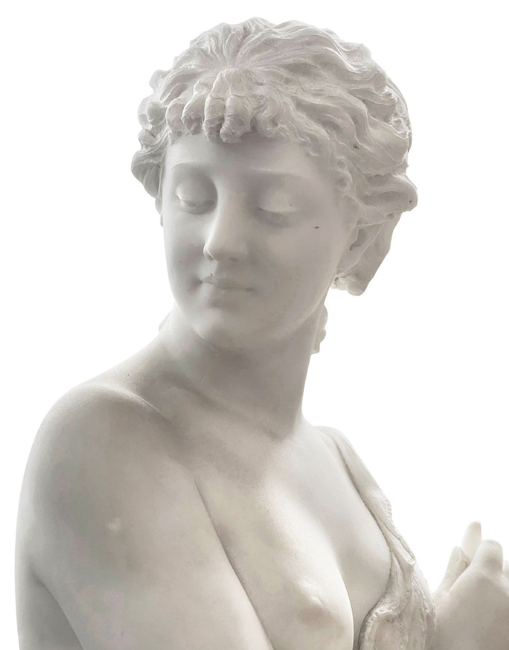 A 19th-century white Carrara marble statue depicting a classical female figure in draped robes with a winged putto at her side. View III