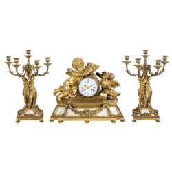 LARGE LOUIS XVI STYLE ORMOLU AND MARBLE CLOCK SET