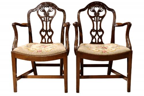 PAIR OF EDWARDIAN MAHOGANY CHIPPENDALE REVIVAL OPEN ARMCHAIRS ELBOW CHAIRS