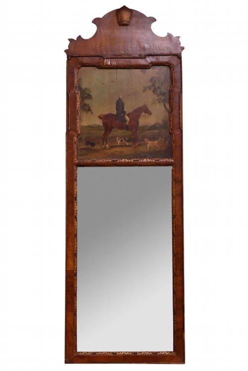 EARLY 20THC QUEEN ANNE REVIVAL WALNUT PIER GLASS MIRROR WITH EQUESTRIAN OIL PAINTING