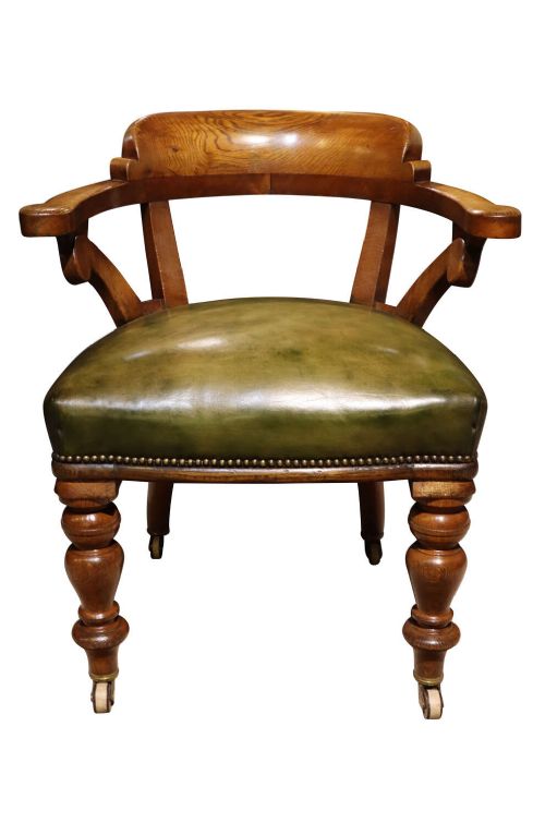 Fine Victorian Golden Oak Library Chair in Green Leather, c.1870