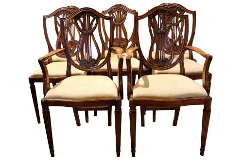 Set of Eight Hepplewhite Style Mahogany Lyre Back Dining Chairs, Circa 1930