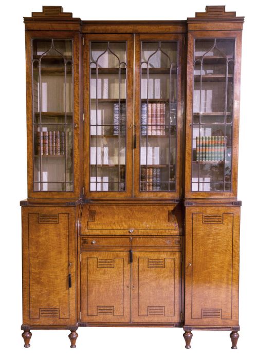 Important Regency Mahogany, Satinwood & Ebony Inlaid Breakfront Secretaire Bookcase