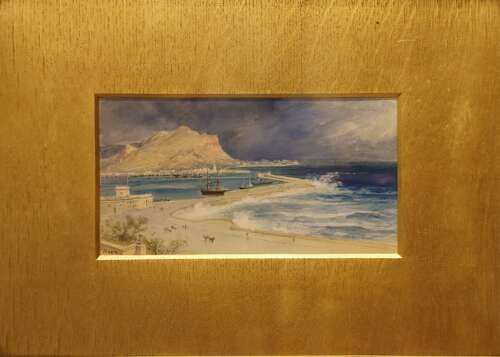 fig 1. A 19th-century framed watercolour painting depicting Palermo harbour in Sicily with waves breaking against a breakwater beneath a mountain peak.