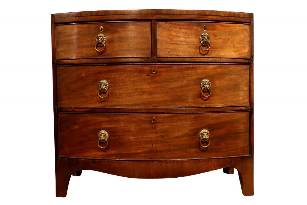 A George III bow-fronted mahogany chest of drawers featuring two short over two long drawers with brass lion mask ring handles and splayed feet.