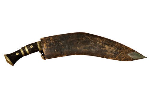 An early 20th-century Nepalese kukri dagger housed in a dark leather scabbard featuring a carved horn handle and two small companion knives. View III