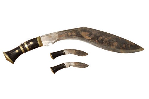 An early 20th-century Nepalese kukri dagger housed in a dark leather scabbard featuring a carved horn handle and two small companion knives. View IV
