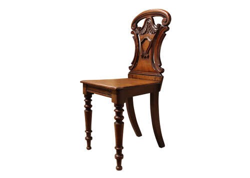 A pair of mid-Victorian mahogany hall chairs with carved shield backrests, solid seats, and turned front legs. View IV