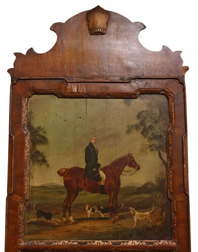 An early 20th-century Queen Anne Revival walnut pier glass mirror featuring a shaped cresting, an upper equestrian oil painting panel, and a tall mirrored pane below. View III