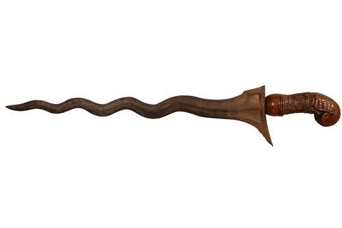 A 19th-century Malay keris featuring a wavy forged steel blade alongside a carved wooden hilt and an ornate brass-encased sheath. View II