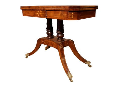 A Regency period rosewood foldover card table featuring marquetry inlay, twin turned pedestals, and four curved legs with brass sabots and castors. View IV