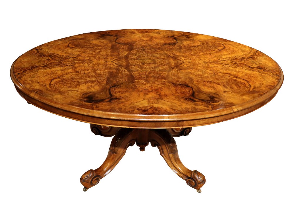 Exceptional Victorian Burr Walnut Oval Breakfast Table on Carved Quadrapod Base, c.1870