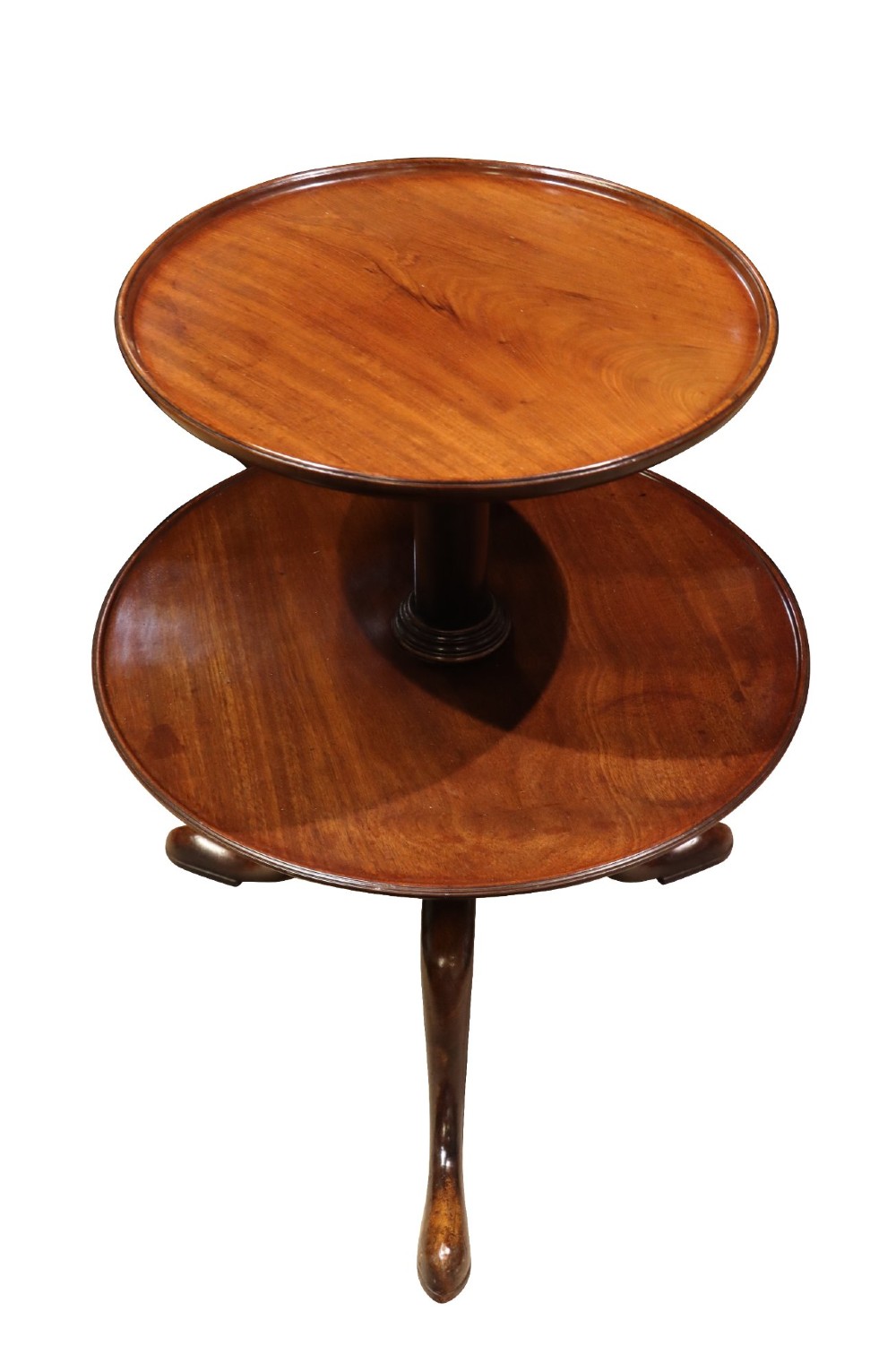 A Georgian two-tier mahogany etagere featuring circular trays supported by a turned central column and a tripod base with cabriole legs. View II