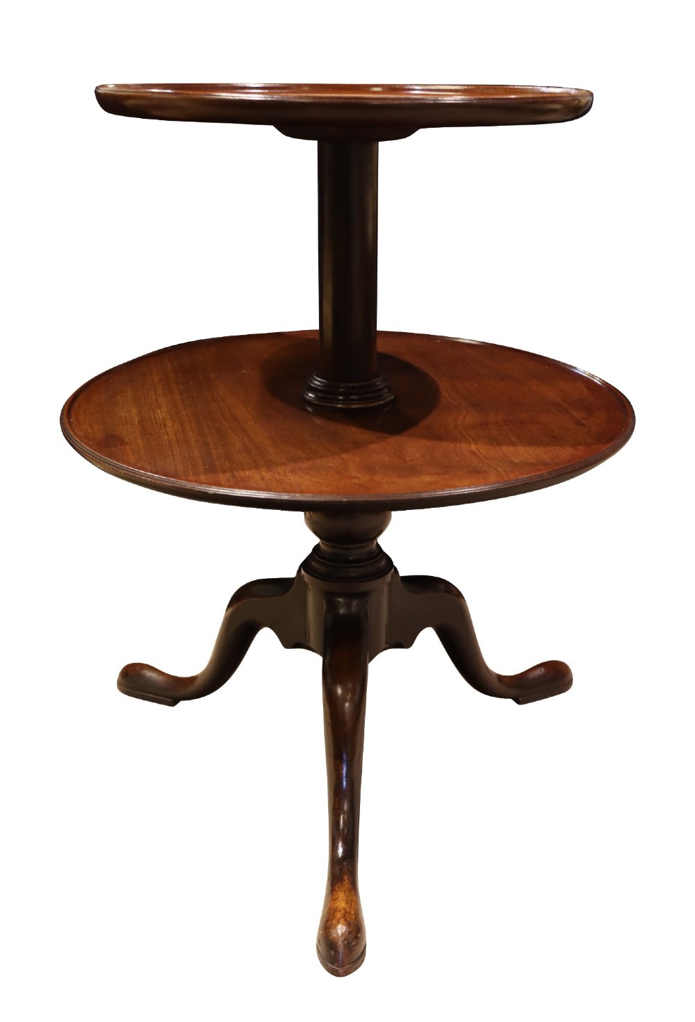 A Georgian two-tier mahogany etagere featuring circular trays supported by a turned central column and a tripod base with cabriole legs. View III