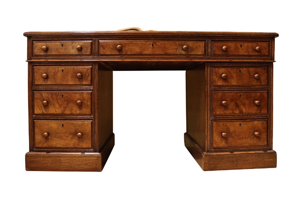 Fine Victorian Oak & Burr Walnut Nine Drawer Pedestal Desk