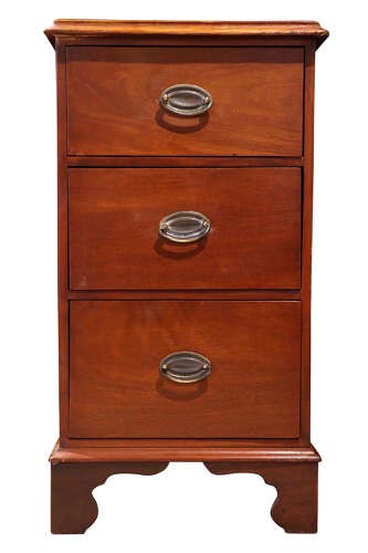 A pair of Victorian mahogany bedside chests featuring three drawers each, brass oval handles, and shaped bracket feet. View IV