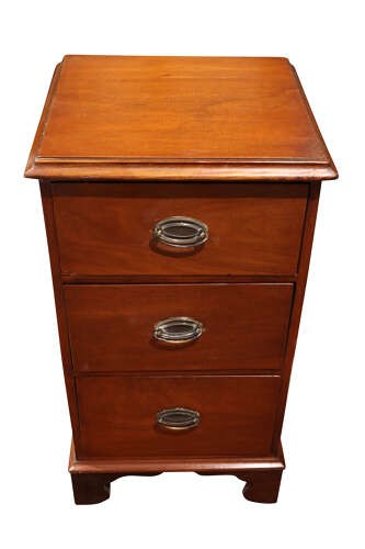 A pair of Victorian mahogany bedside chests featuring three drawers each, brass oval handles, and shaped bracket feet. View VII
