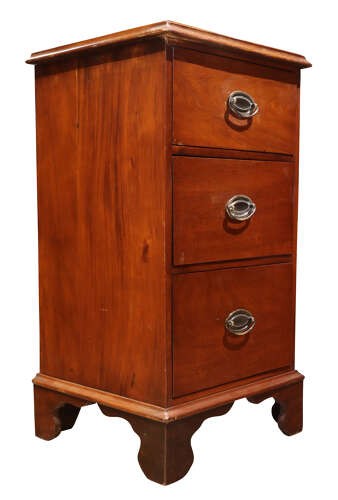 A pair of Victorian mahogany bedside chests featuring three drawers each, brass oval handles, and shaped bracket feet. View VIII