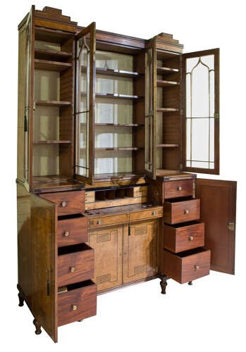 A Regency mahogany breakfront secretaire bookcase with glazed doors, satinwood veneers, and ebony inlay detail. View III