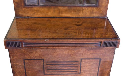 A Regency mahogany breakfront secretaire bookcase with glazed doors, satinwood veneers, and ebony inlay detail. View XI