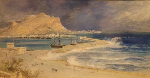 A 19th-century framed watercolour painting depicting Palermo harbour in Sicily with waves breaking against a breakwater beneath a mountain peak. View III