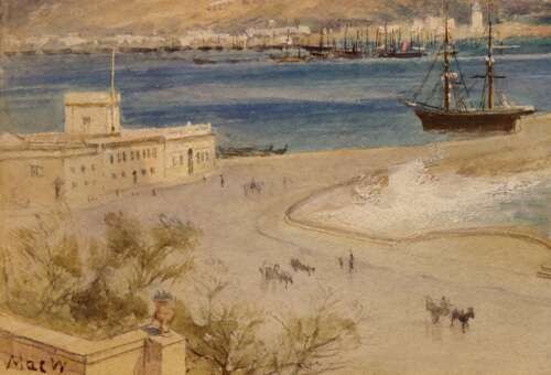 A 19th-century framed watercolour painting depicting Palermo harbour in Sicily with waves breaking against a breakwater beneath a mountain peak. View IV
