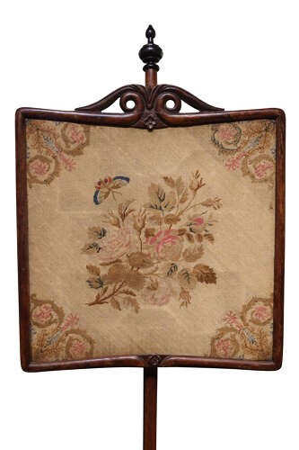 A Regency rosewood pole screen featuring an adjustable square needlework panel with floral motifs mounted on a turned column and triform base. View III
