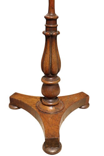 A Regency rosewood pole screen featuring an adjustable square needlework panel with floral motifs mounted on a turned column and triform base. View IV