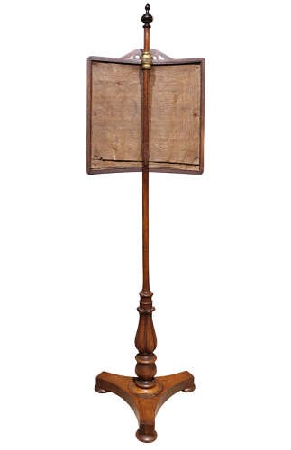 A Regency rosewood pole screen featuring an adjustable square needlework panel with floral motifs mounted on a turned column and triform base. View V