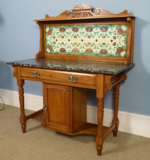 Satin Walnut, Marble Top Washstand.