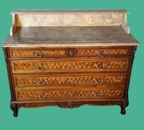 A French Walnut Five Drawer Chest with Marble Top