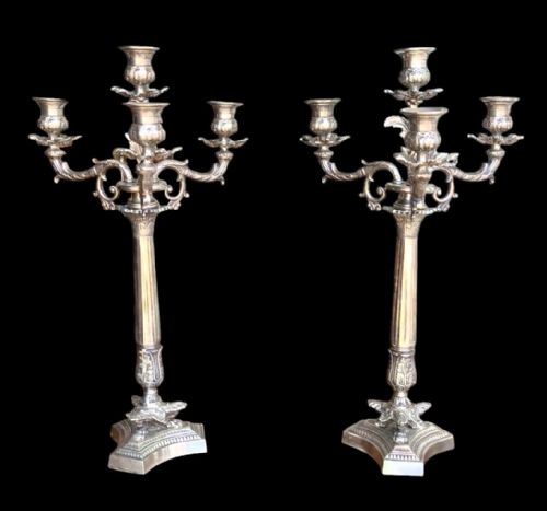 A PAIR OF VICTORIAN SILVER PLATED CANDLESTICKS CANDELABRAS