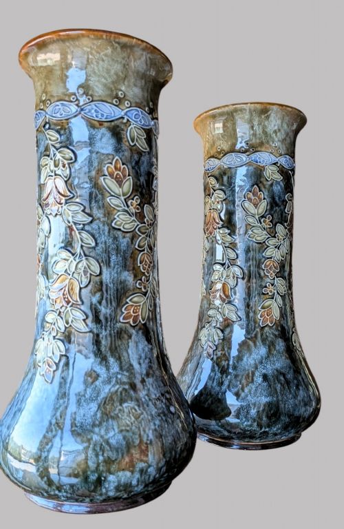 A PAIR OF ART NOUVEAU ROYAL DOULTON LAMBETH STONEWARE VASES - ADDITIONAL PHOTO 2
