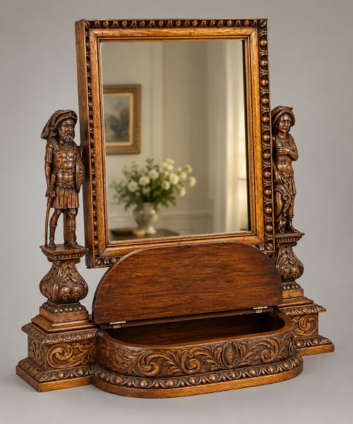 fig 2. A carved oak dressing mirror featuring a rectangular frame flanked by two carved human figures resting on an ornate plinth base.