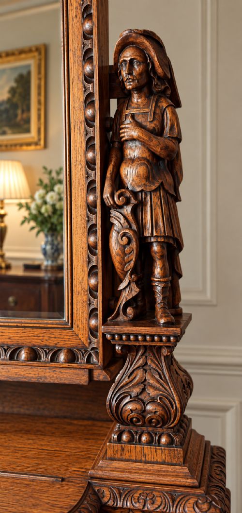 A carved oak dressing mirror featuring a rectangular frame flanked by two carved human figures resting on an ornate plinth base. View IV