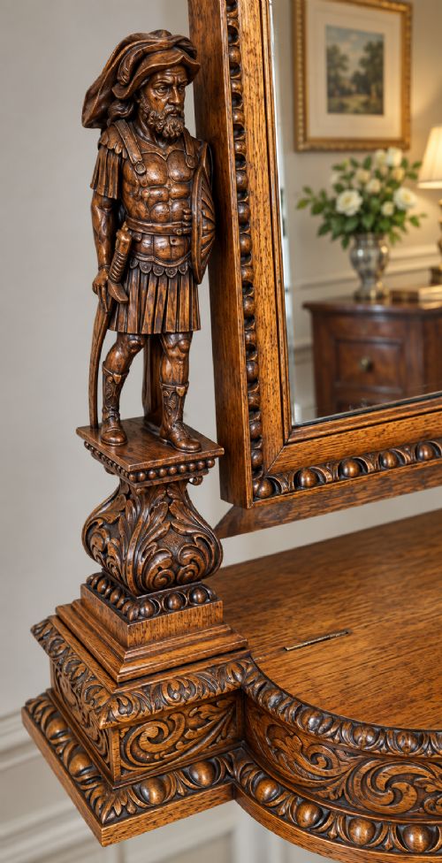 A carved oak dressing mirror featuring a rectangular frame flanked by two carved human figures resting on an ornate plinth base. View V