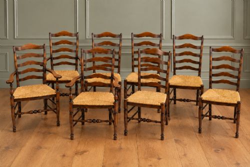 Set of Eight Ladderback, Rush Seated, Dining Chairs