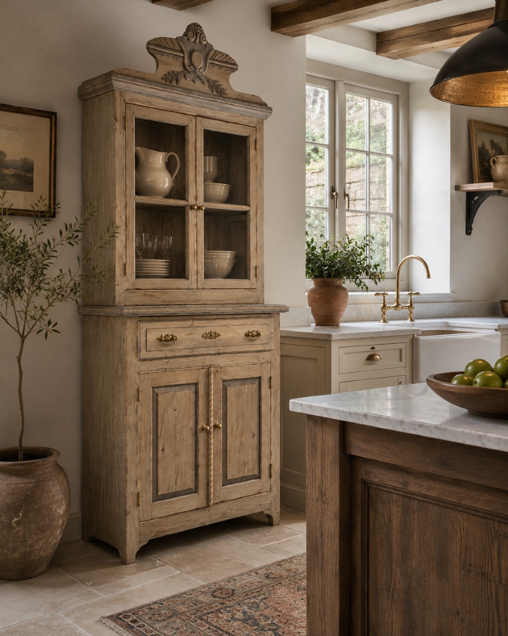 A two-tier 19th-century French painted cupboard featuring upper glazed doors with a carved pediment and lower panelled cabinet doors. View VIII