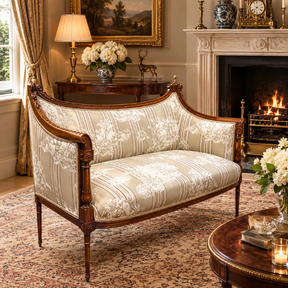 An Edwardian walnut drawing room sofa featuring a sweeping curved backrest, turned front supports, slender tapered legs, and cream striped patterned upholstery. View IX