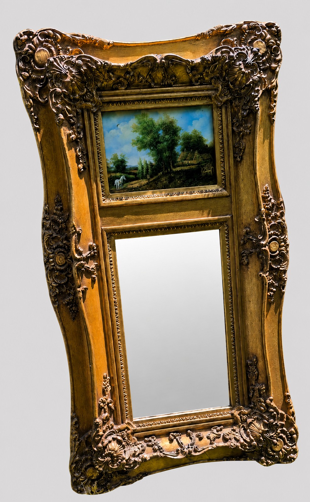An elongated vertical giltwood pier mirror featuring an upper painted landscape panel above a rectangular glass mirror, set within a carved rococo-style frame. View VIII