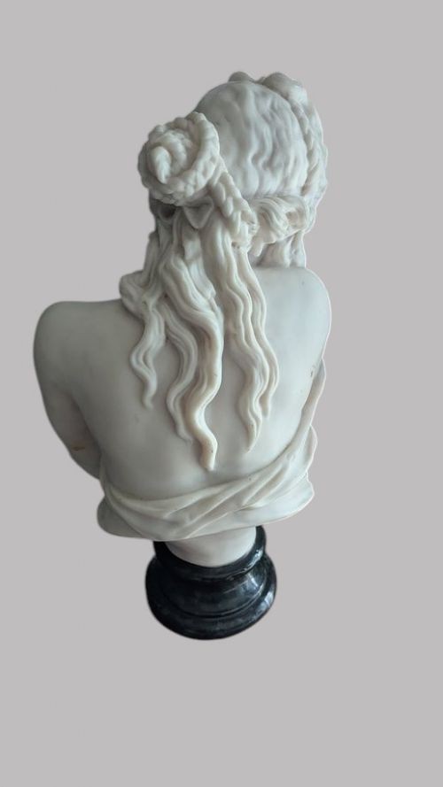 A carved white marble bust of a young woman with coiled hair and draped classical attire, mounted on a dark green marble circular plinth. View VIII
