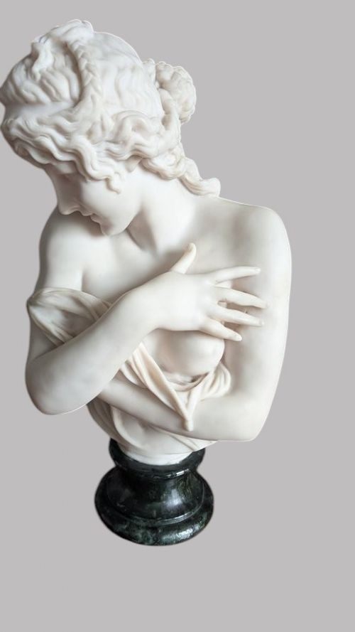 A carved white marble bust of a young woman with coiled hair and draped classical attire, mounted on a dark green marble circular plinth. View IX