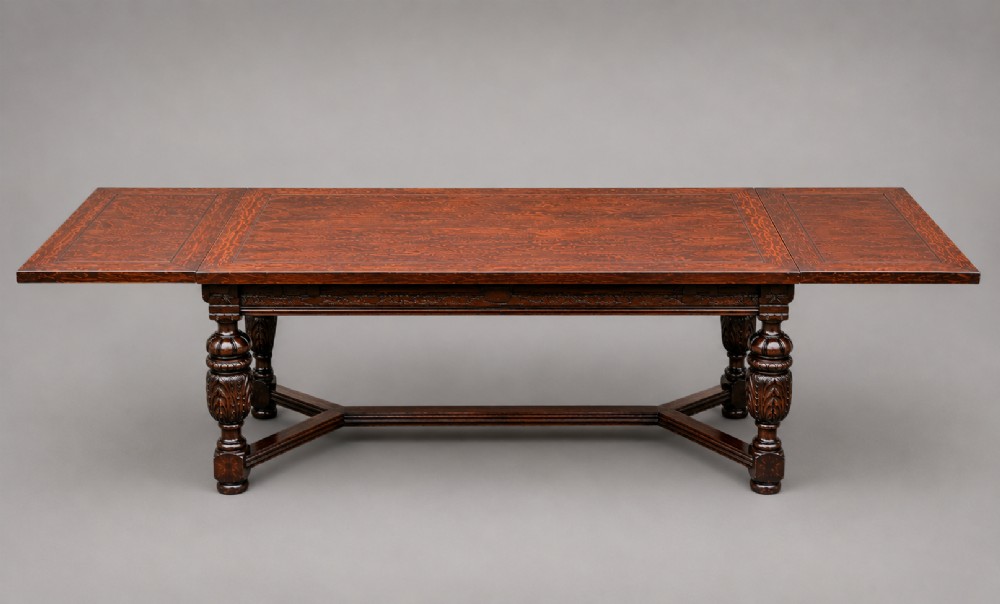 A rectangular extending oak dining table showing a quarter-sawn timber surface and carved bulbous legs underneath. View II