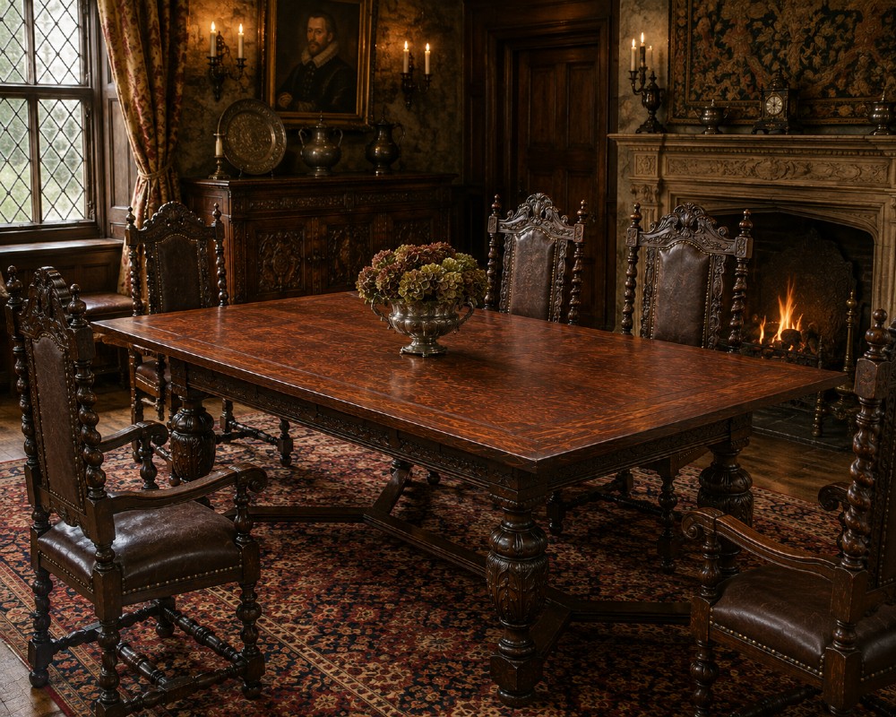 A rectangular extending oak dining table showing a quarter-sawn timber surface and carved bulbous legs underneath. View XIII