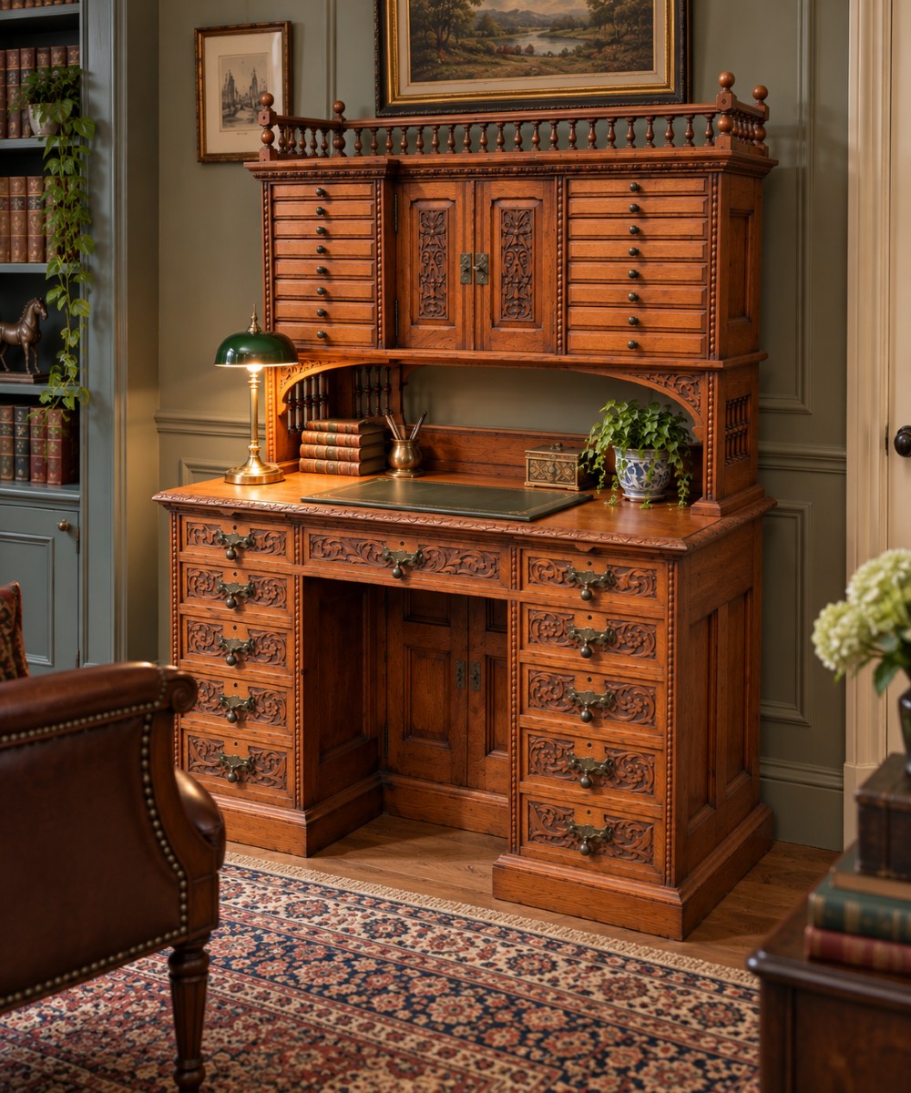 A late Victorian quarter-sawn oak collectors desk featuring carved pedestals, multiple shallow drawer tiers, a central cupboard, and a top spindle gallery. View XIII