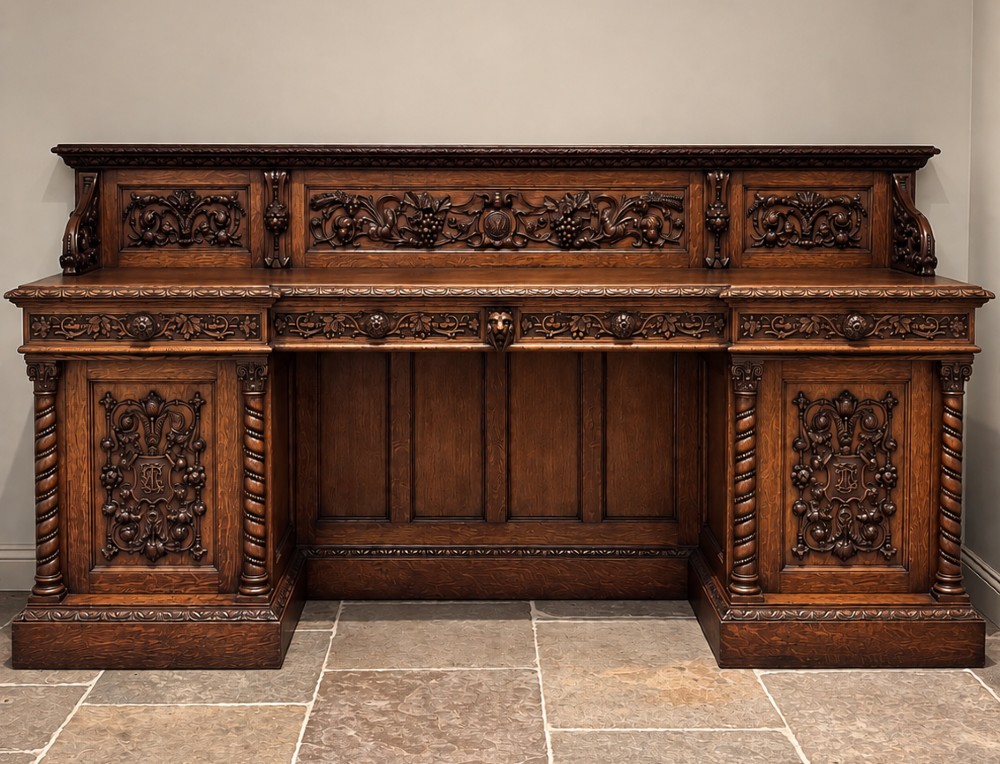 A carved dark oak Victorian sideboard featuring a raised back gallery, relief fruit carvings, barley twist columns, and two pedestal cupboards flanking an open centre.